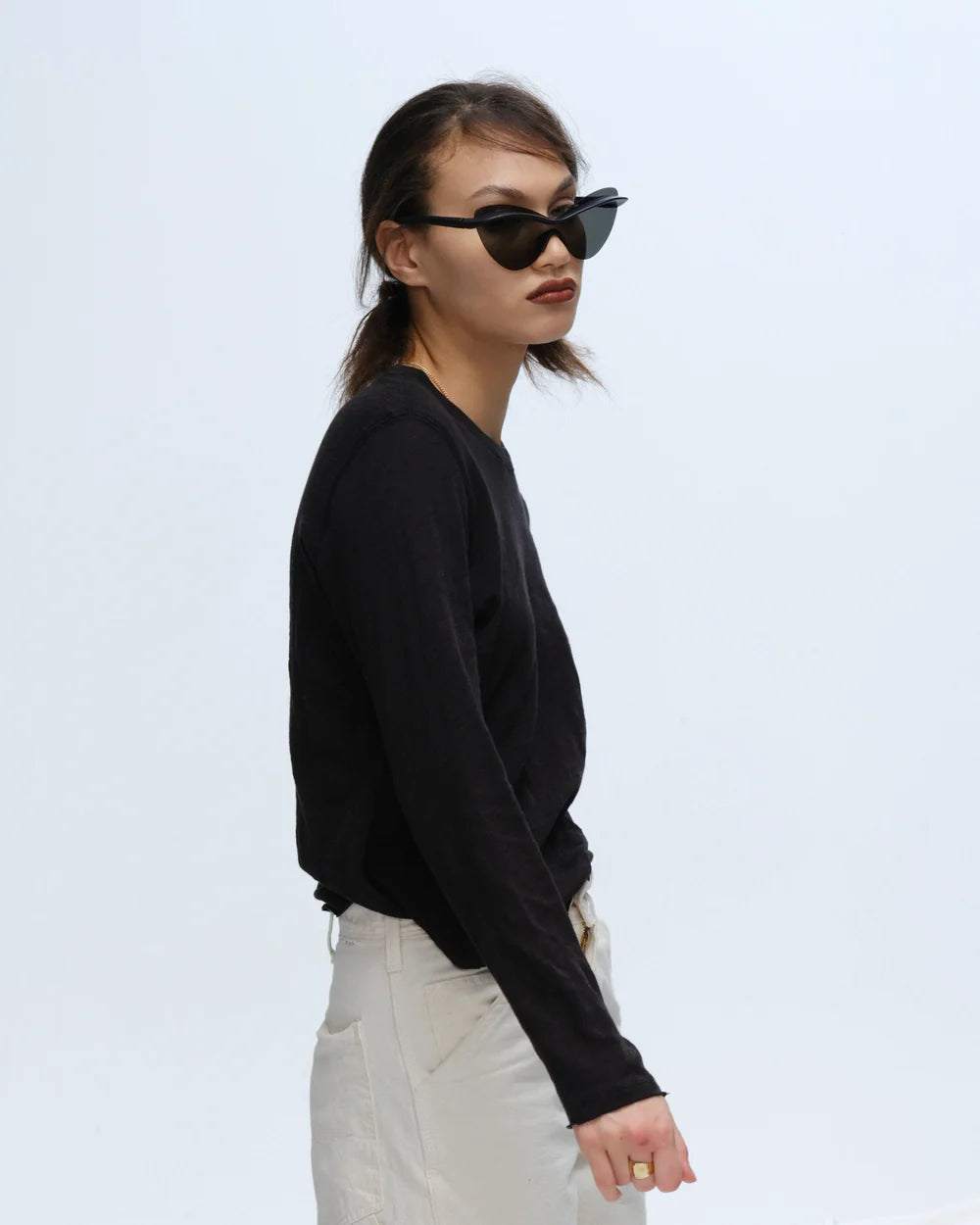 Slub Jersey Long Sleeve Destroyed Wash Crop Tee - Black by ATM — alternate view