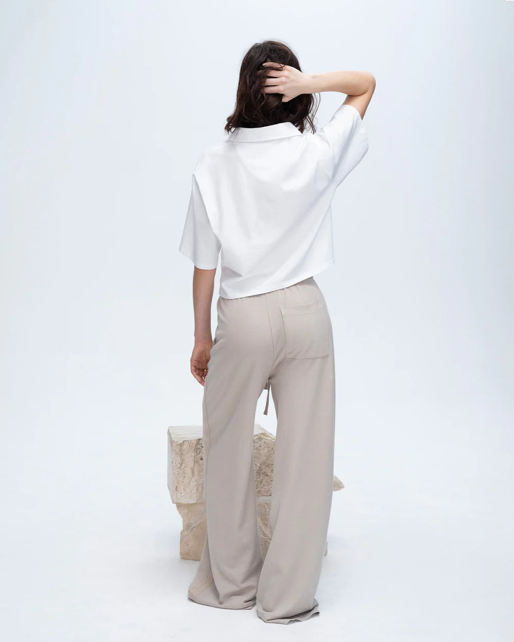 Pique Mixed Media Wide Leg Pants - Sandy Beige by ATM — view 4