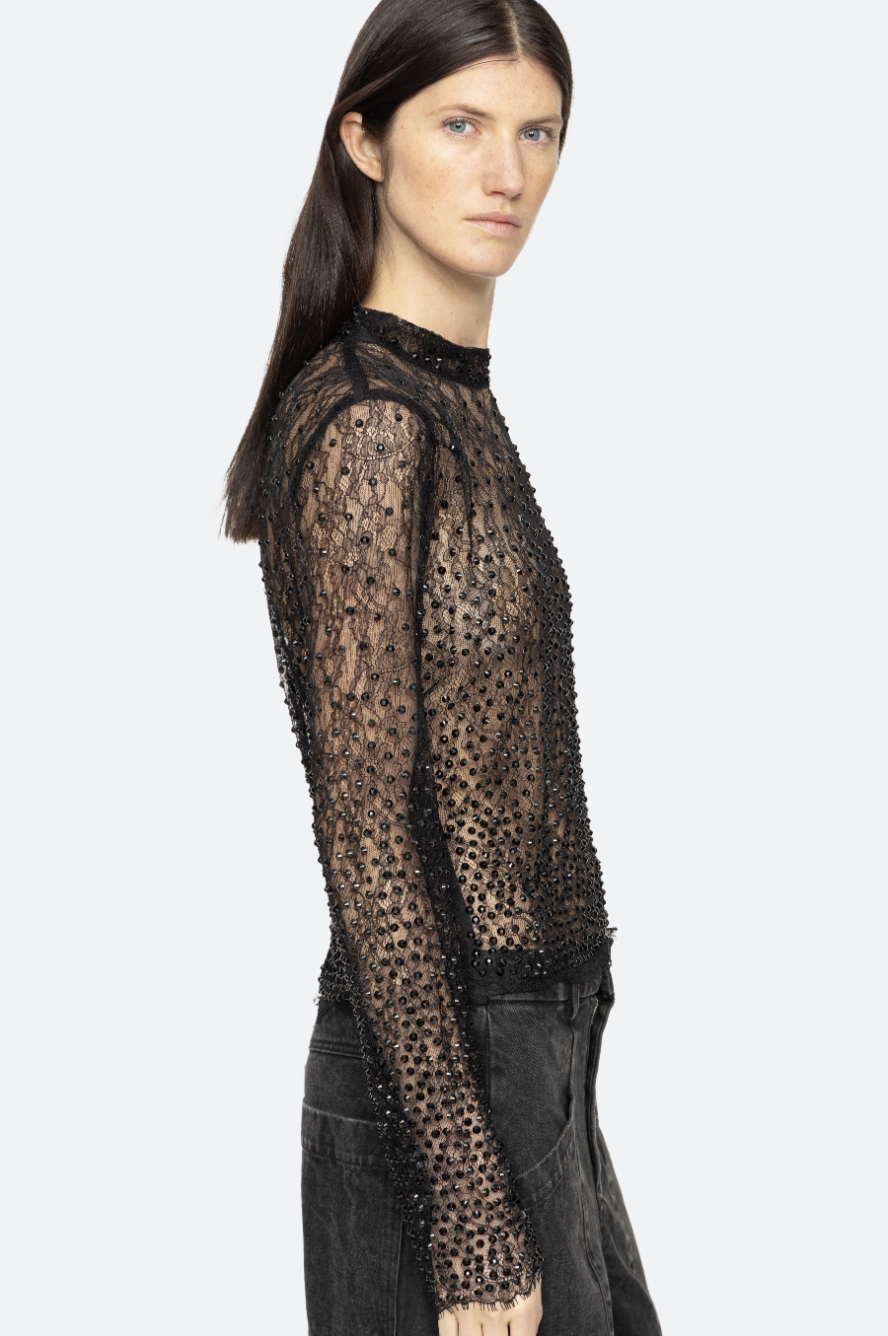Seraphina Stone Lace High Neck Top - Black by Sea NY — view 3