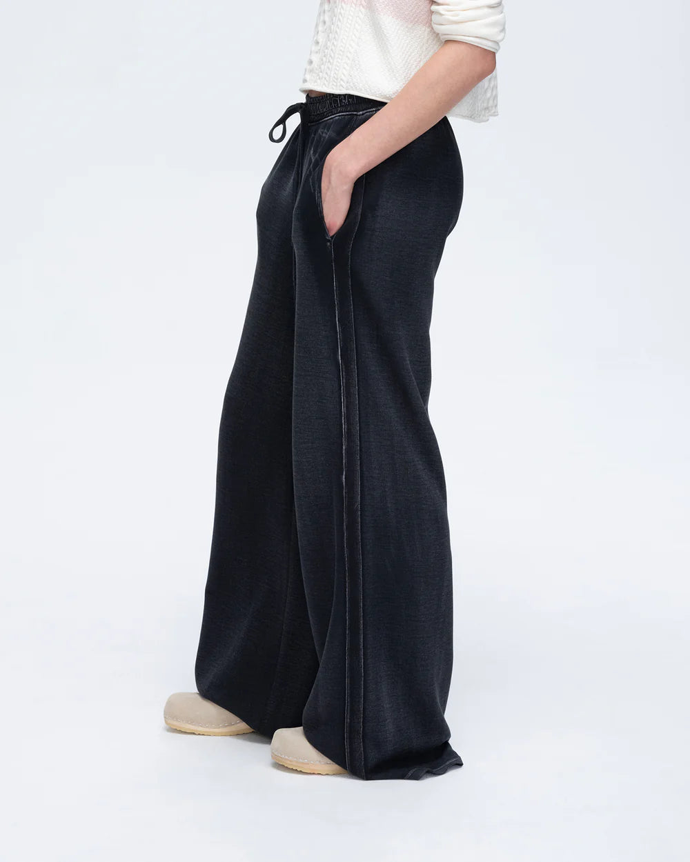 Pique Mixed Media Wide Leg Pants - Black by ATM — view 3