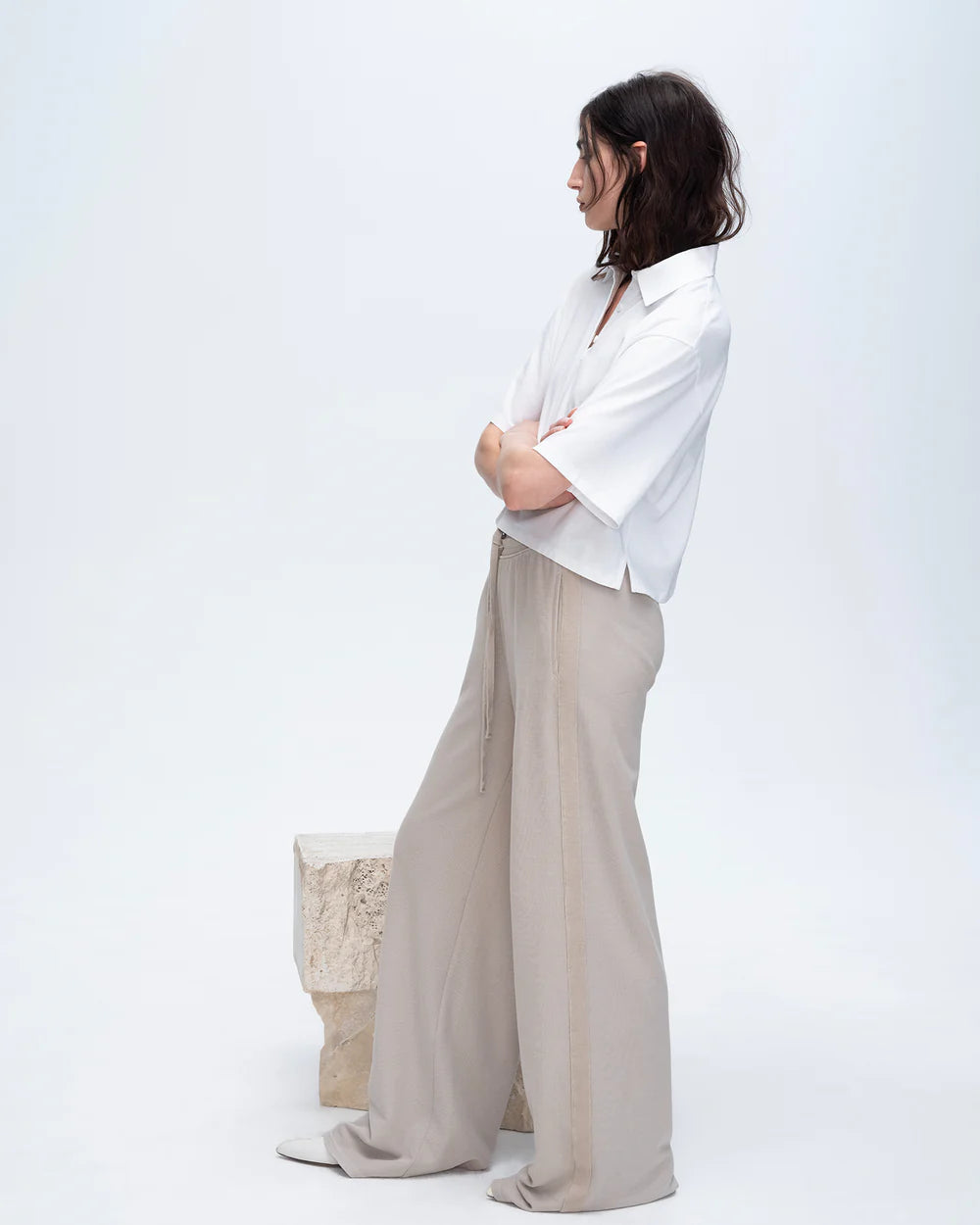 Pique Mixed Media Wide Leg Pants - Sandy Beige by ATM — view 3
