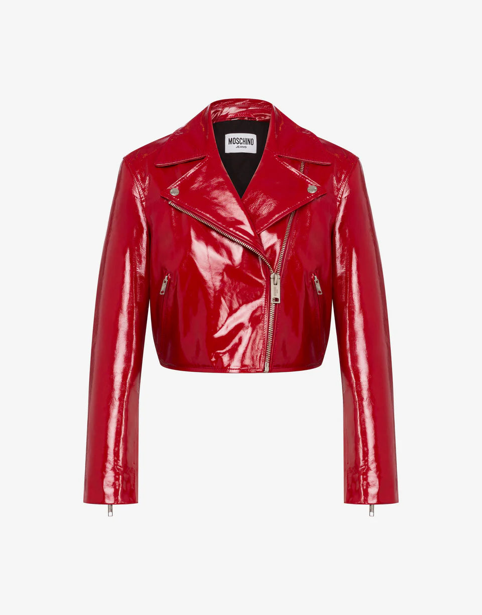 Patent Leather Biker Crop Jacket - Red by Moschino — view 5