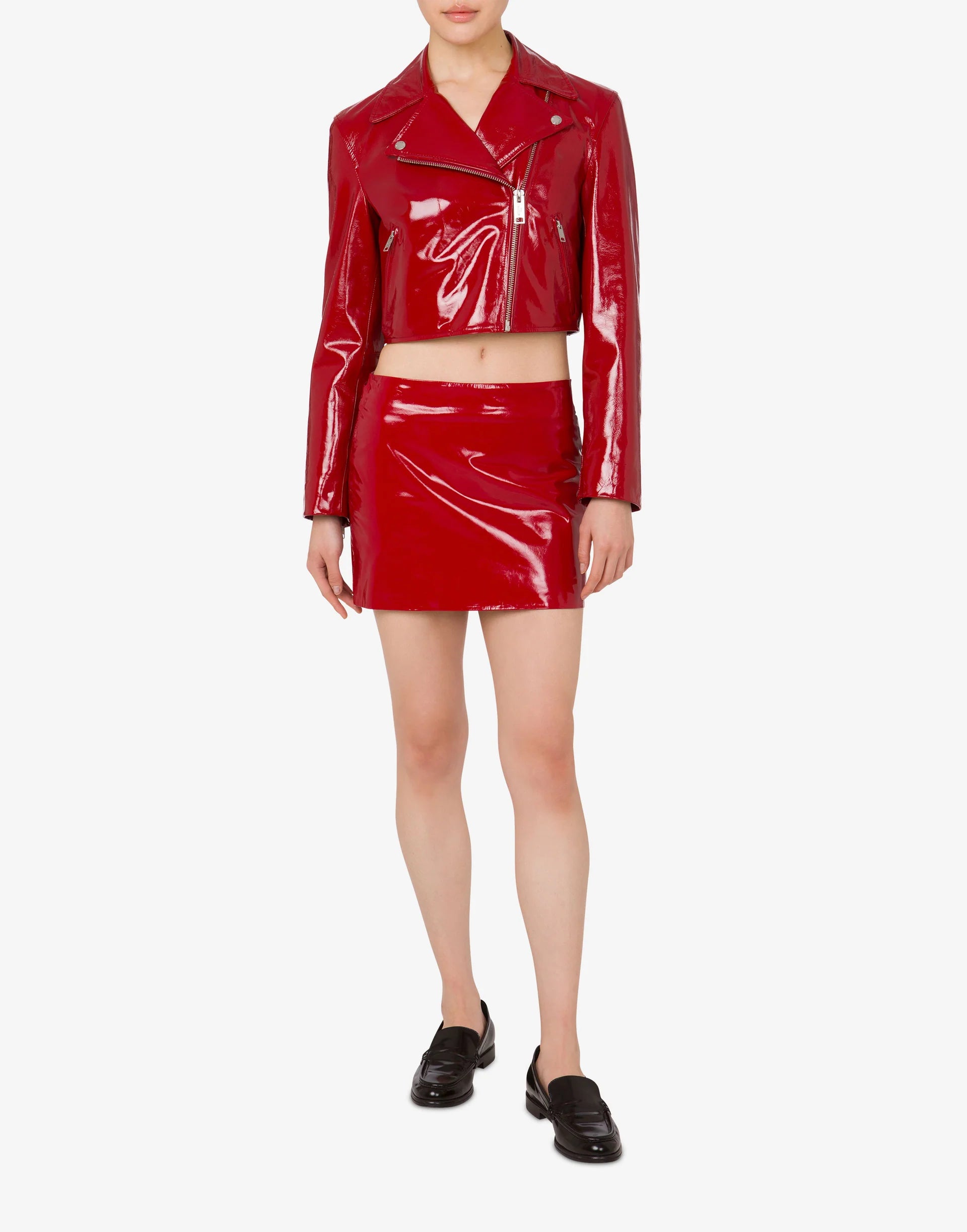 Patent Leather Biker Crop Jacket - Red by Moschino — view 3