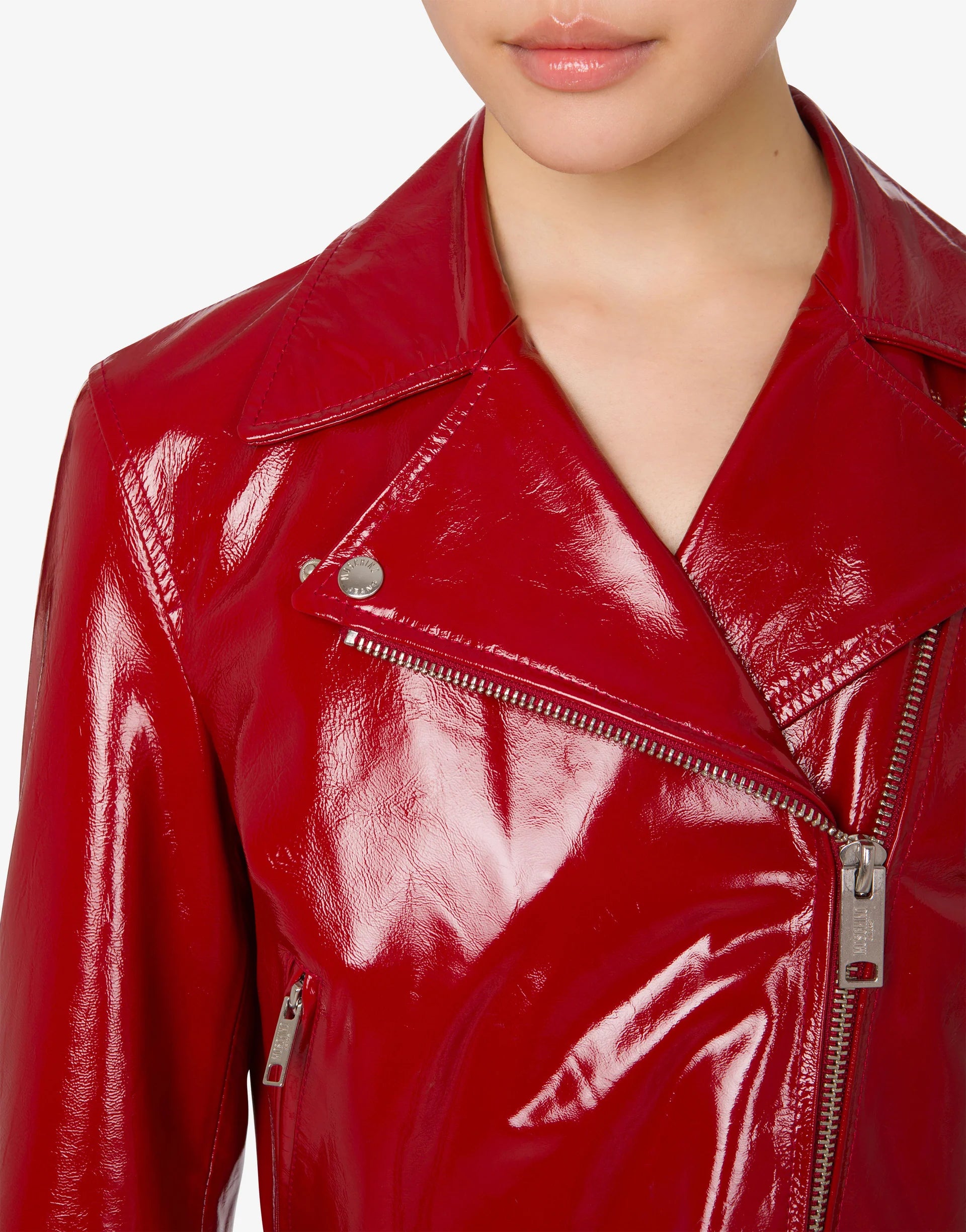 Patent Leather Biker Crop Jacket - Red by Moschino — alternate view