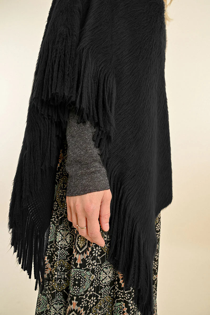 Soft Fringed Poncho - Black by Molly Bracken — view 3