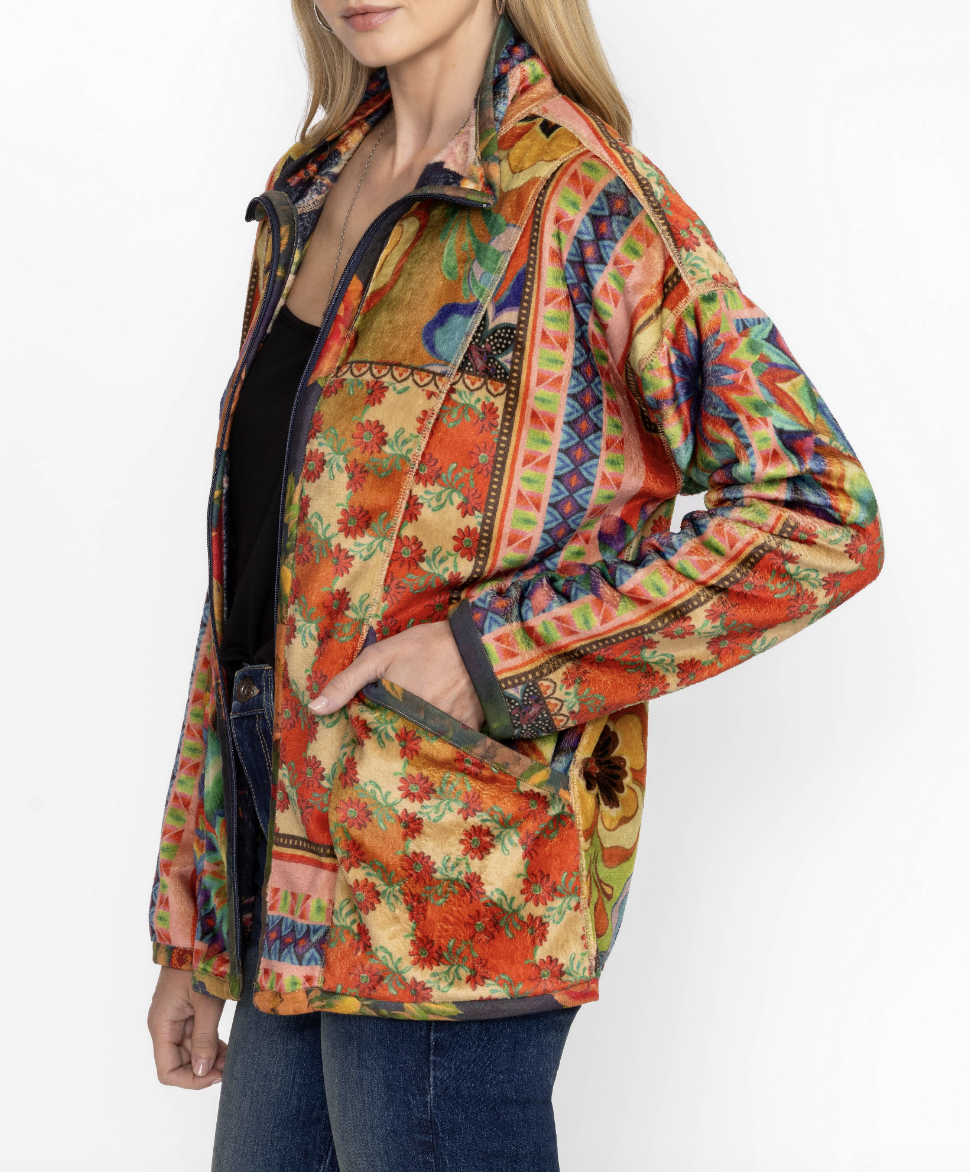 Joan Zip Reversible Sherpa Jacket - Tie Dye Scarf Print by Johnny Was — view 3