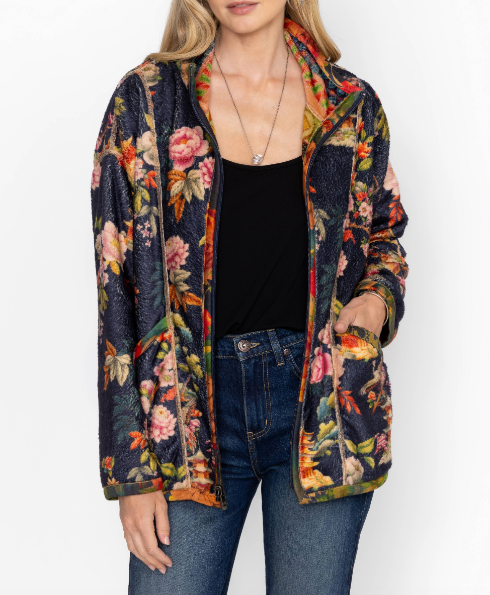 Joan Zip Reversible Sherpa Jacket - Tie Dye Scarf Print by Johnny Was — alternate view
