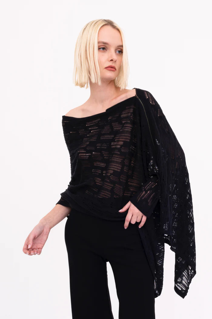 Bombay Distressed Cotton Hemp Zip Poncho - Black by Elaine Kim | 25 South Boutiques