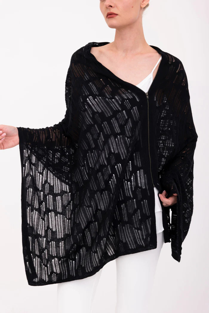 Bombay Distressed Cotton Hemp Zip Poncho - Black by Elaine Kim — alternate view