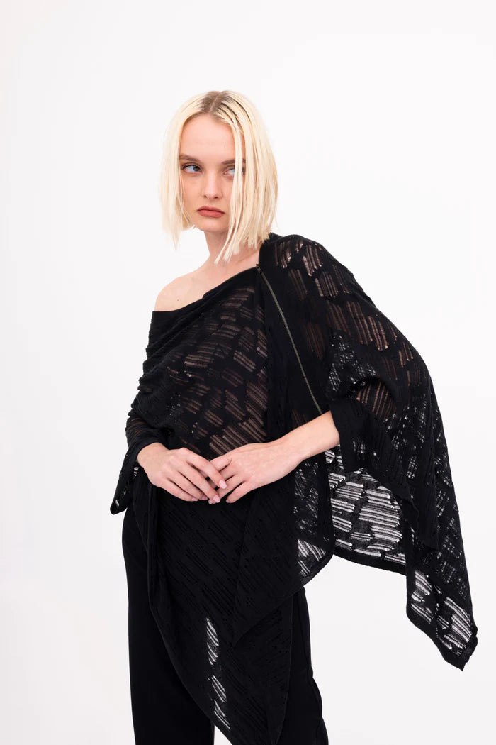 Bombay Distressed Cotton Hemp Zip Poncho - Black by Elaine Kim — view 6