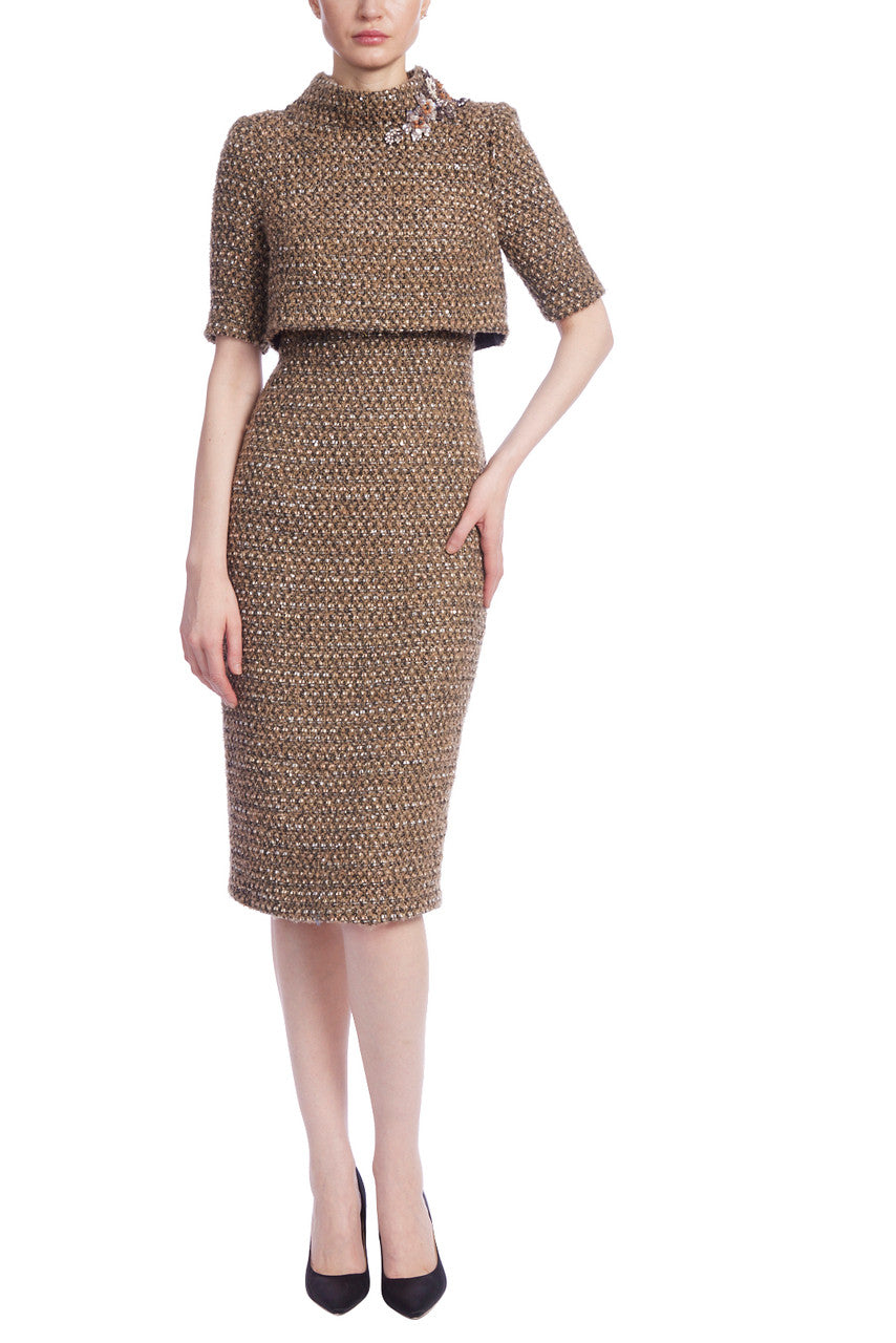 Short Sleeve Tweed Sheath Dress - Camel Black by Badgley Mischka | 25 South Boutiques