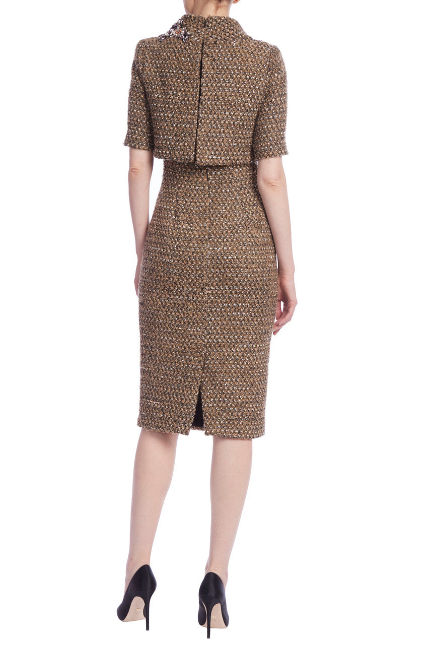 Short Sleeve Tweed Sheath Dress - Camel Black by Badgley Mischka — view 3