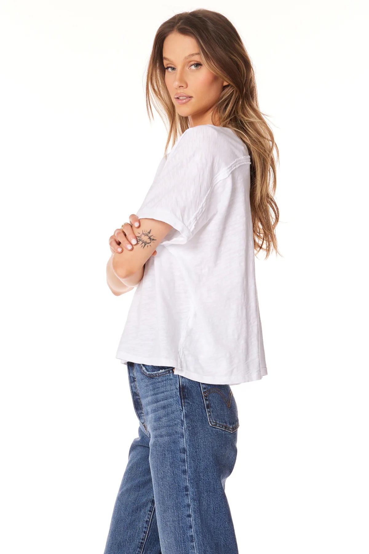 V Neck Boxy Dolman Tee - White by Bobi — alternate view