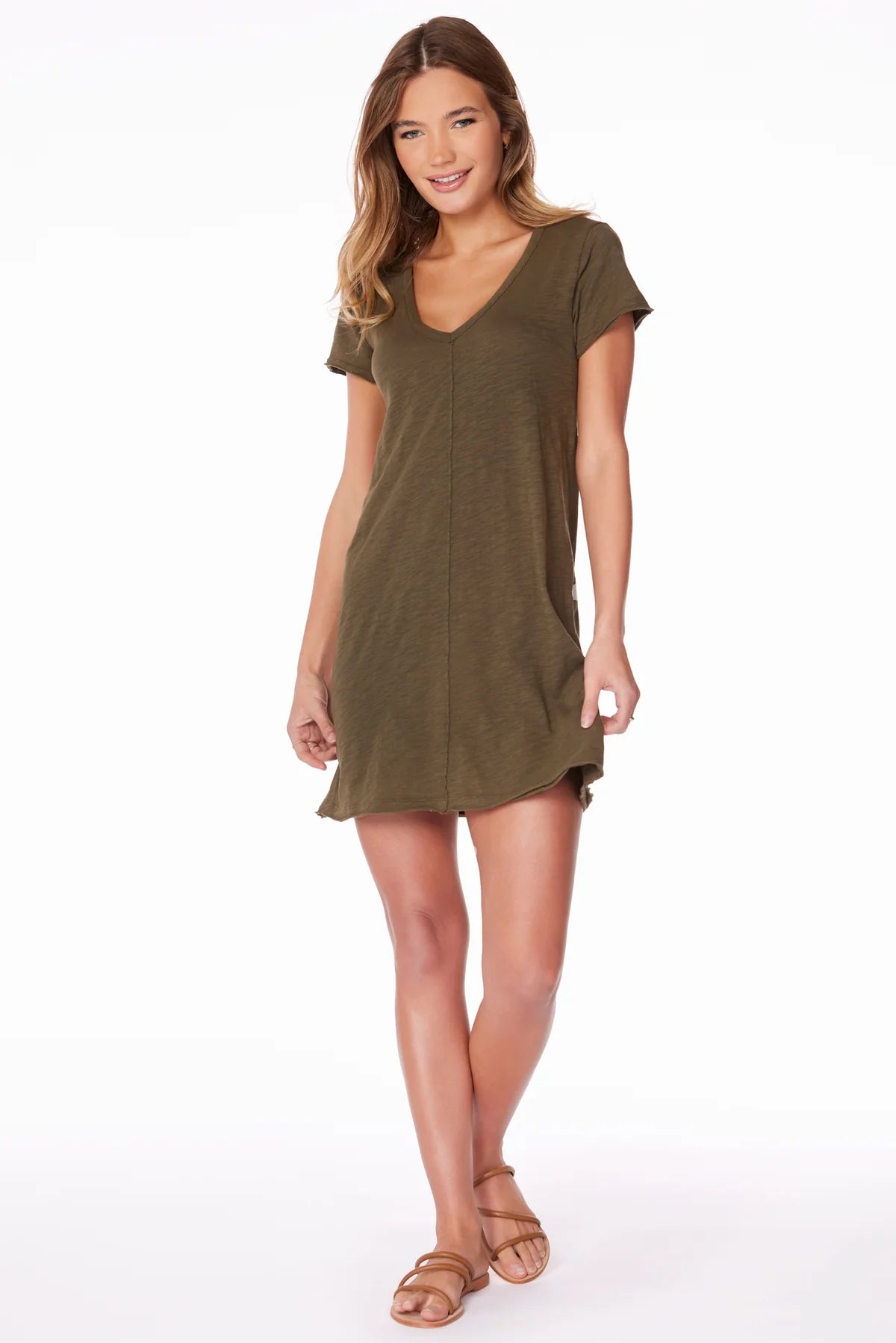 V Neck Raw Edge T-Shirt Dress - Troops by Bobi | 25 South Boutiques