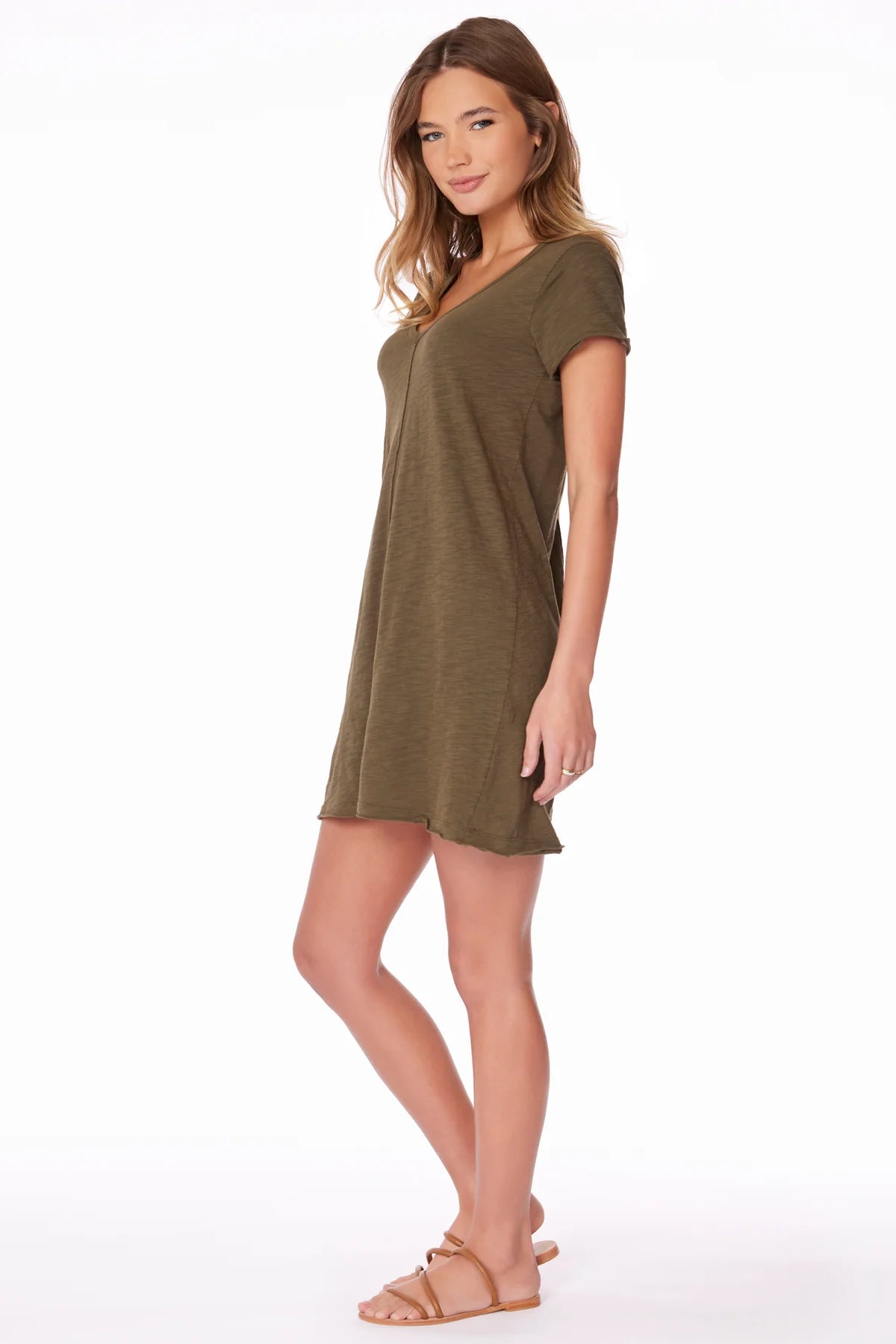 V Neck Raw Edge T-Shirt Dress - Troops by Bobi — alternate view