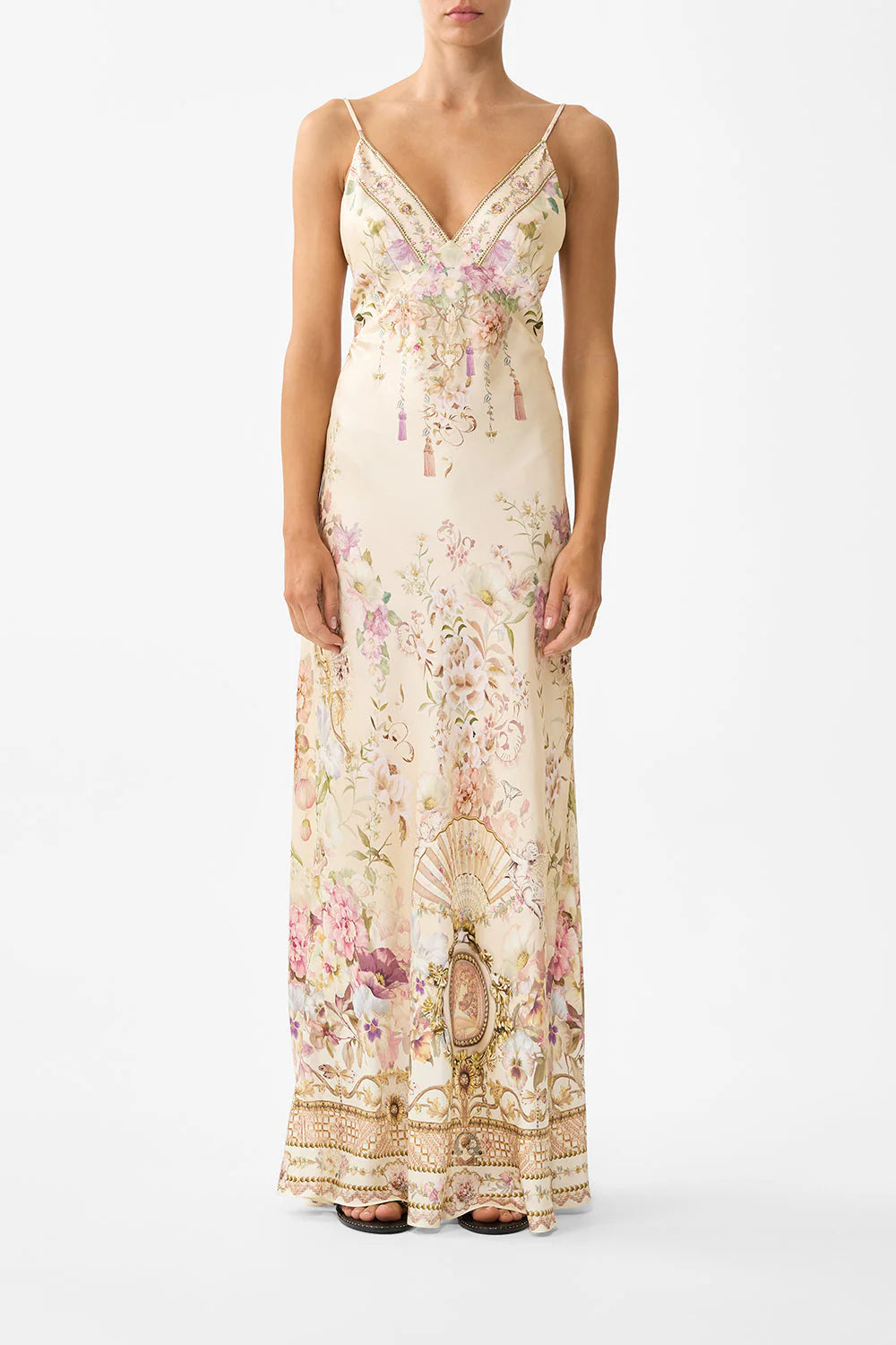 V Neck Full Length Bias Slip Dress - Adorned in Aranjuez by Camilla | 25 South Boutiques