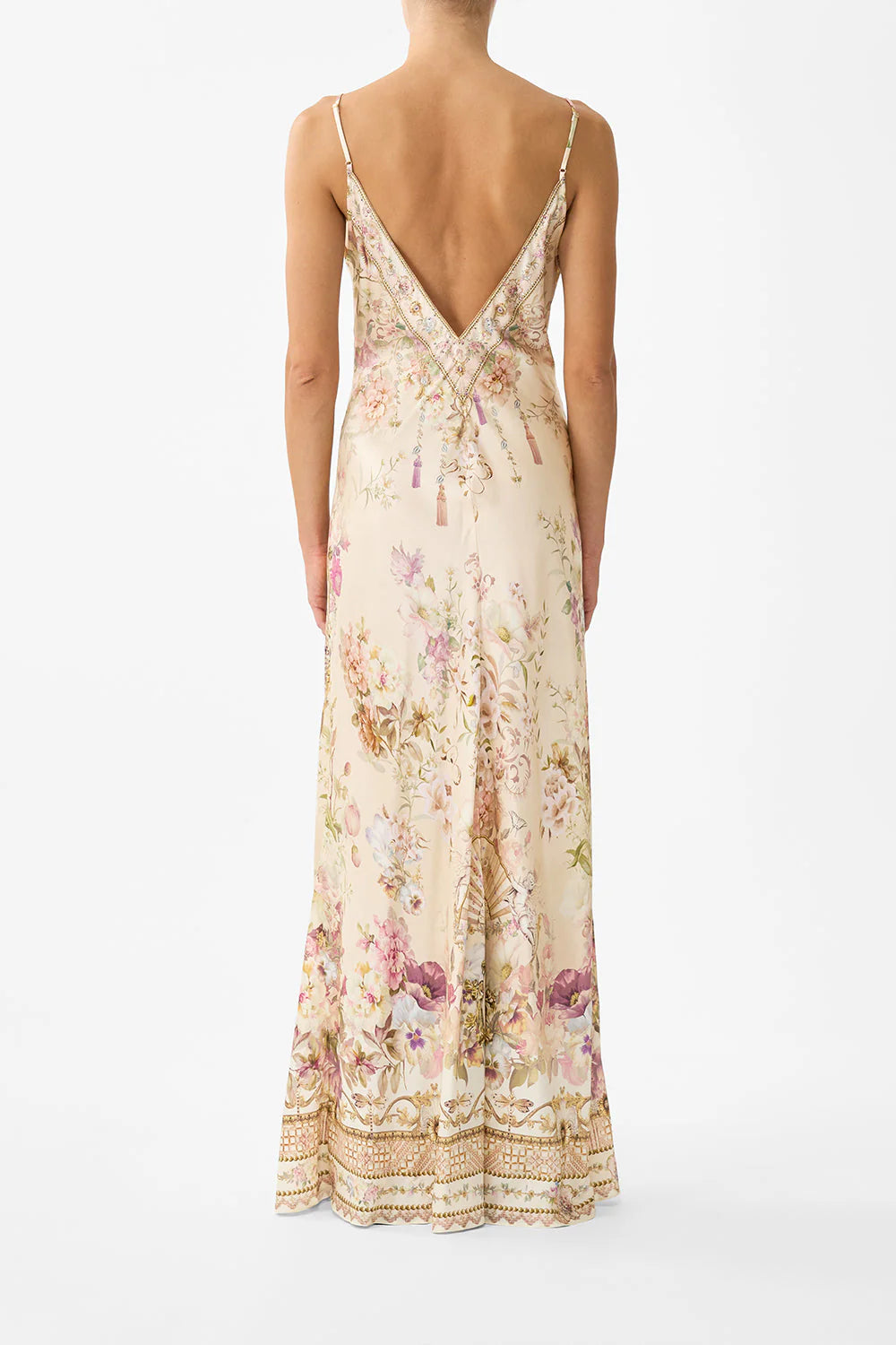 V Neck Full Length Bias Slip Dress - Adorned in Aranjuez by Camilla — view 4