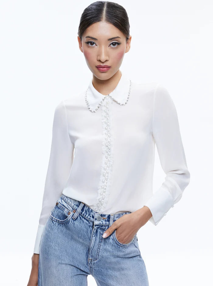 Willa Embellished Placket Top - Off White by Alice & Olivia | 25 South Boutiques