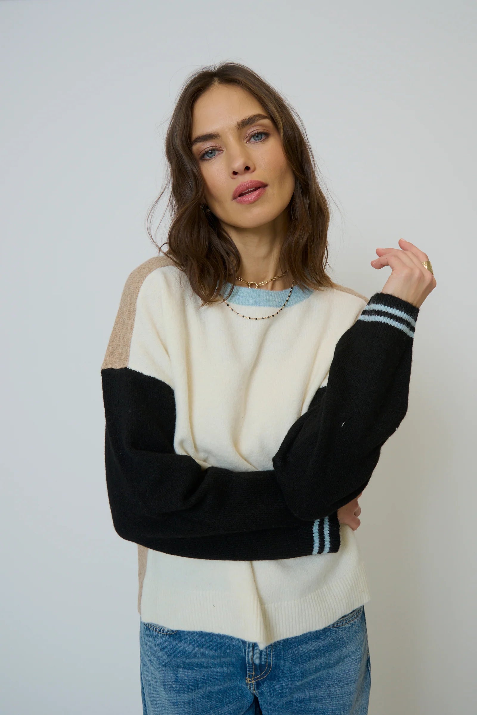 Ash Color Blocked Crewneck - Ivory Multi by Central Park West | 25 South Boutiques