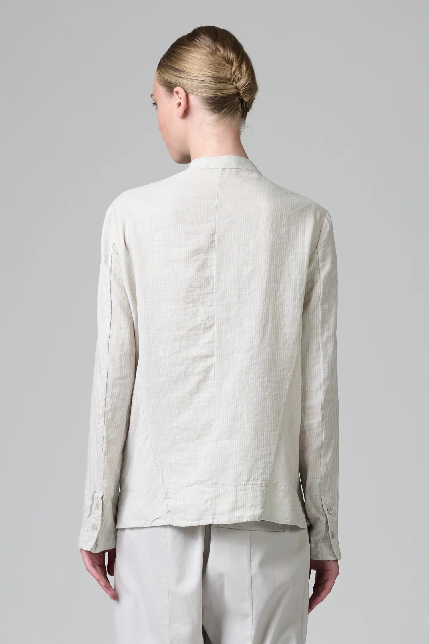 Mandarin Collar Striped Cotton Linen Shirt - Chalk by Transit Par-Such — view 3