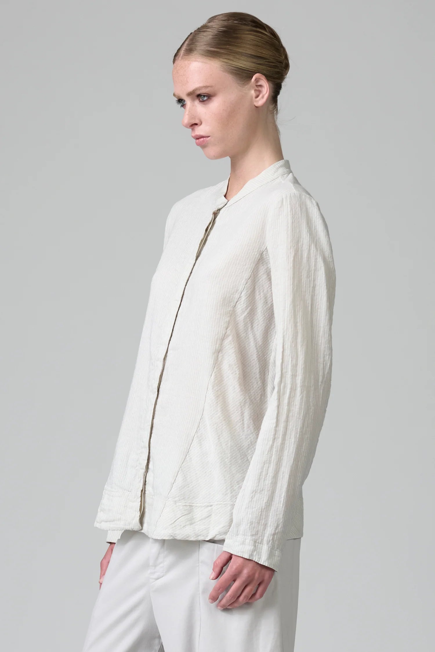 Mandarin Collar Striped Cotton Linen Shirt - Chalk by Transit Par-Such — alternate view