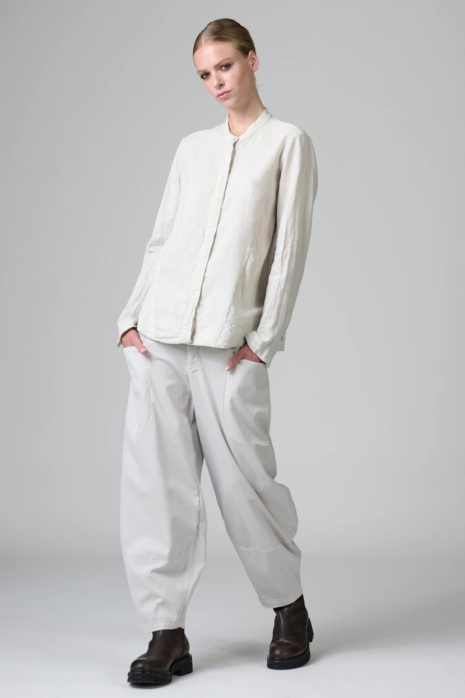 Mandarin Collar Striped Cotton Linen Shirt - Chalk by Transit Par-Such — view 4