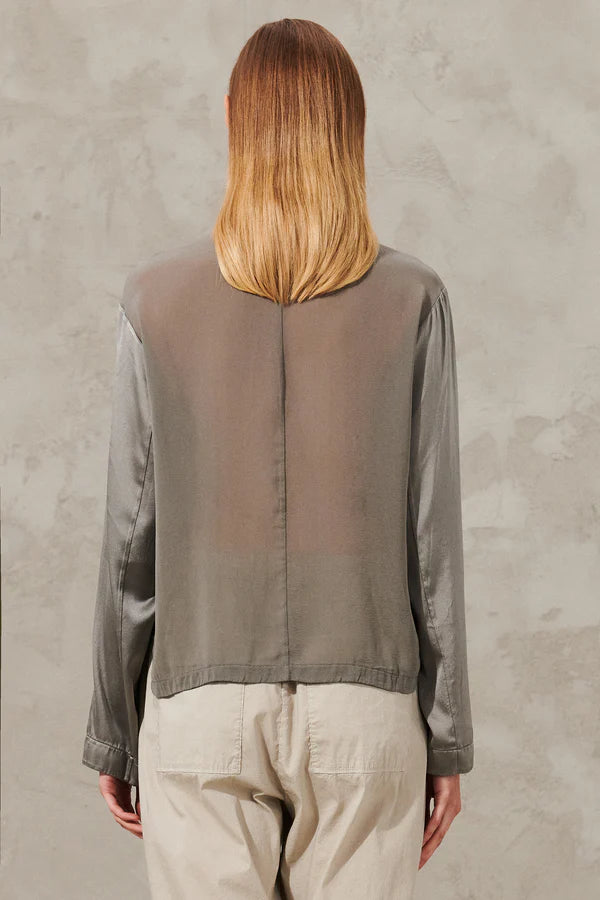 Long Sleeve Stretch Silk Satin Shirt - Grey by Transit Par-Such — alternate view