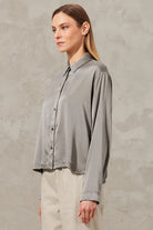 Long Sleeve Stretch Silk Satin Shirt - Grey by Transit Par-Such — view 3