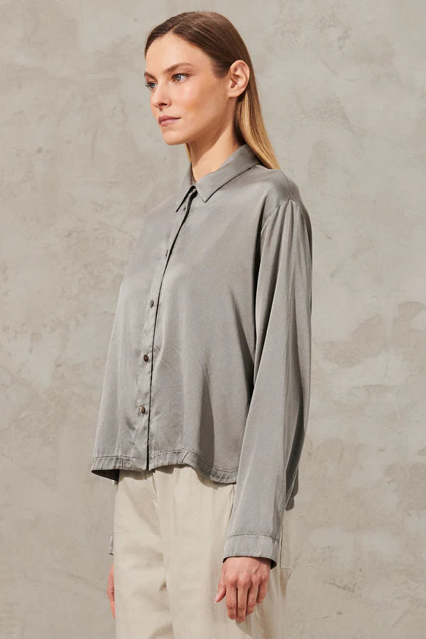 Long Sleeve Stretch Silk Satin Shirt - Grey by Transit Par-Such — view 3