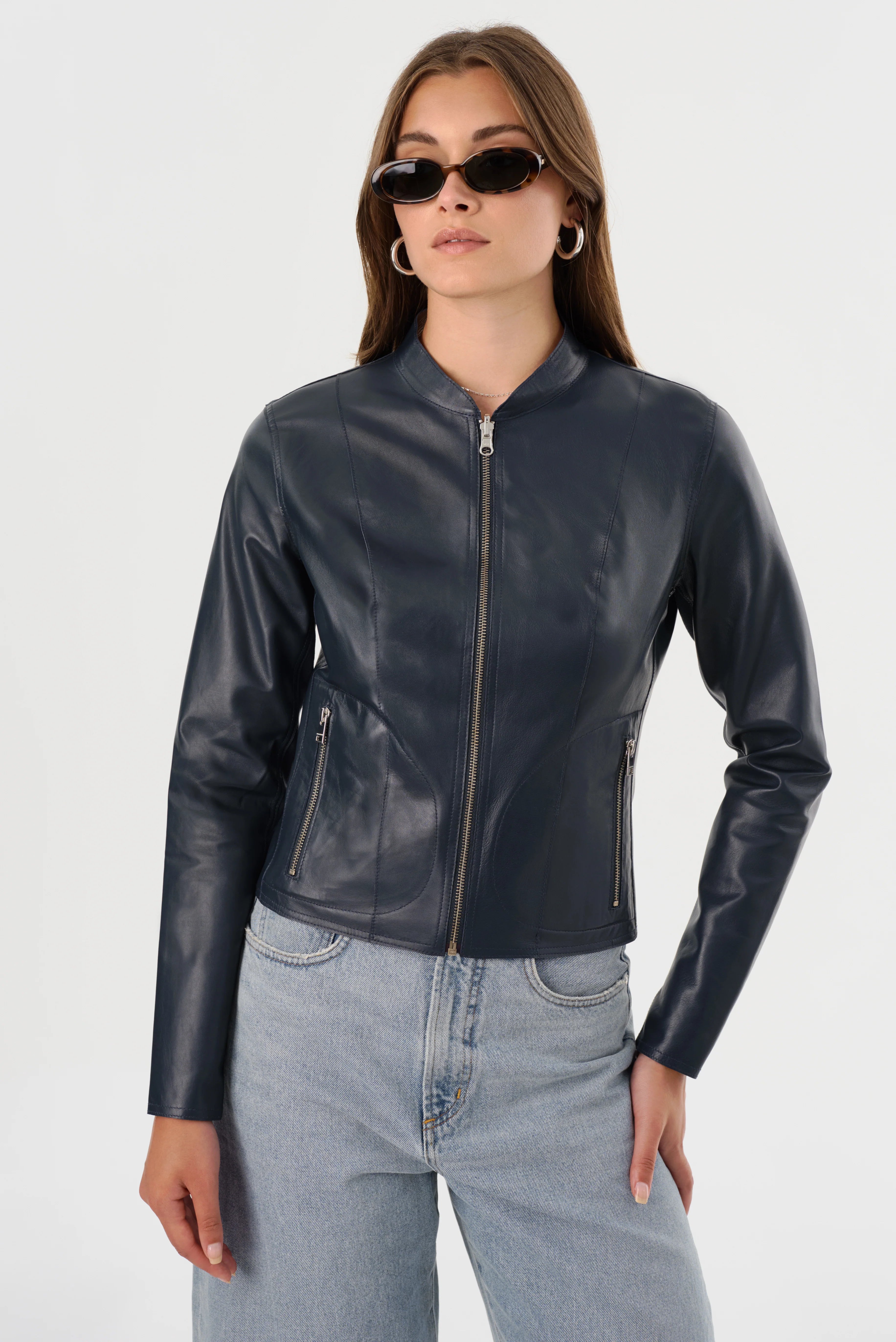 Chapin Reversible Leather Jacket - Navy / Silver by LAMARQUE — view 4