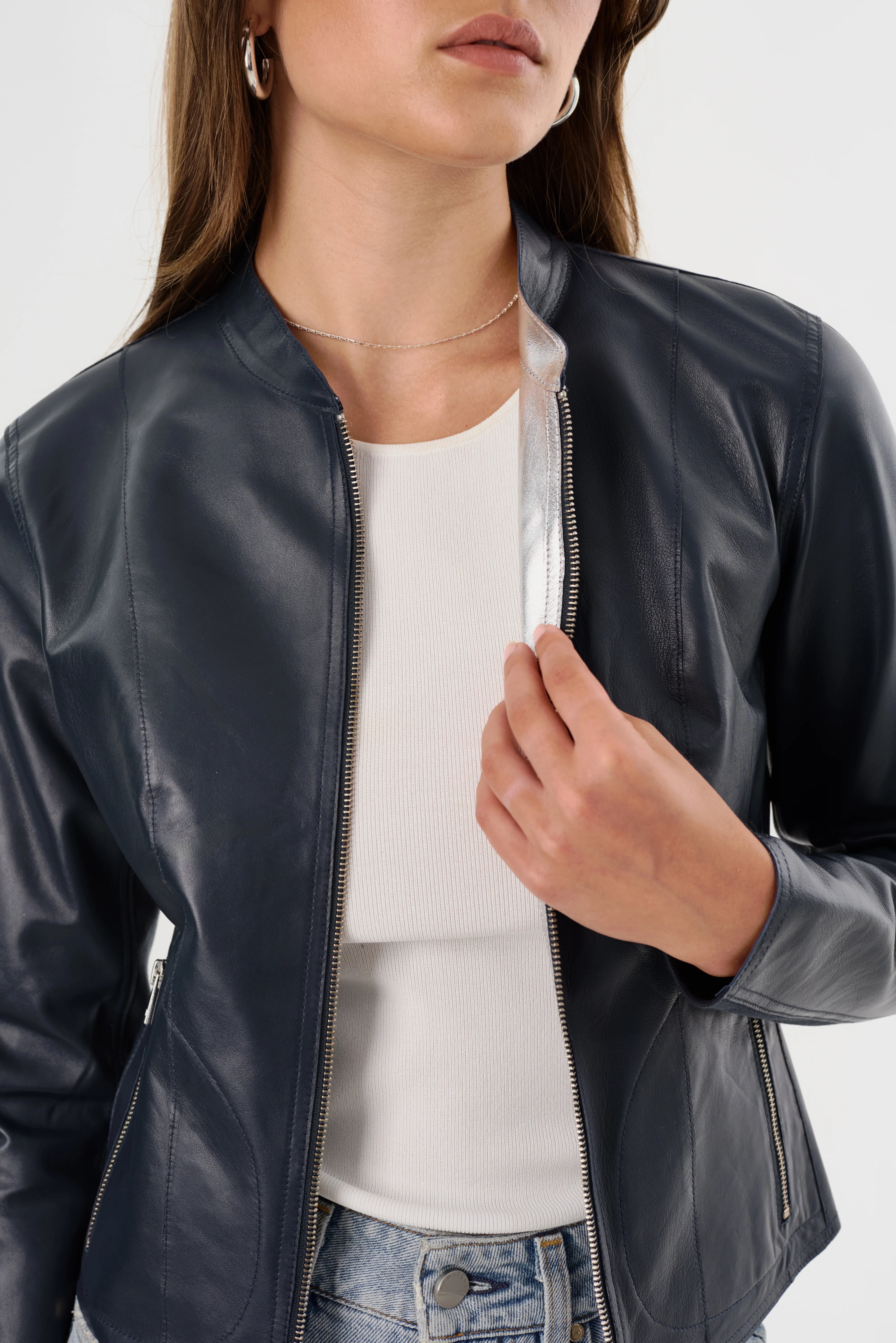 Chapin Reversible Leather Jacket - Navy / Silver by LAMARQUE — view 7