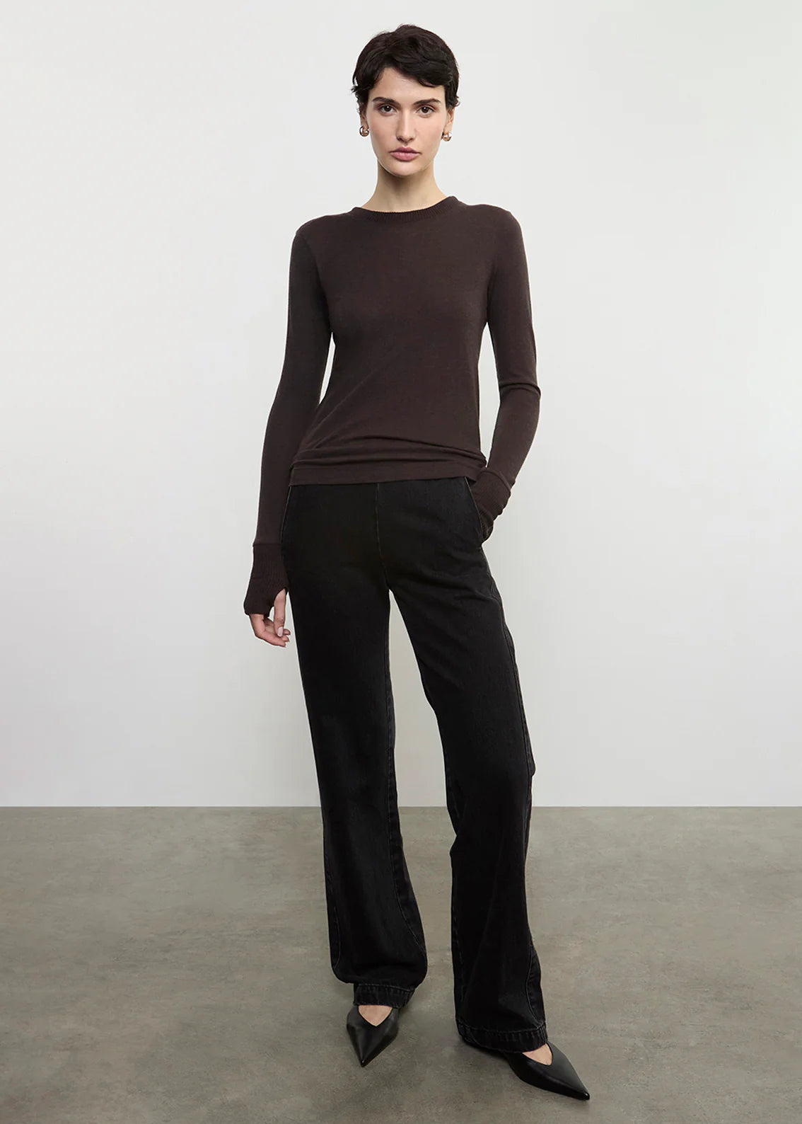 Cashmere Easy Cuffed Crew - Dark Brown by Enza Costa — alternate view