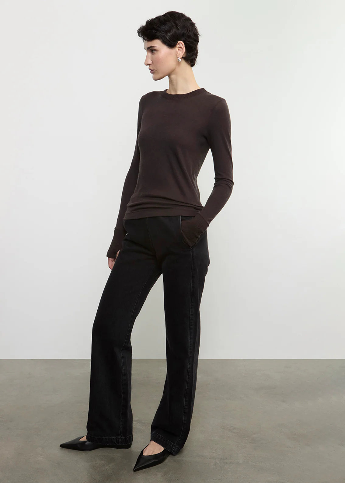 Cashmere Easy Cuffed Crew - Dark Brown by Enza Costa — view 3