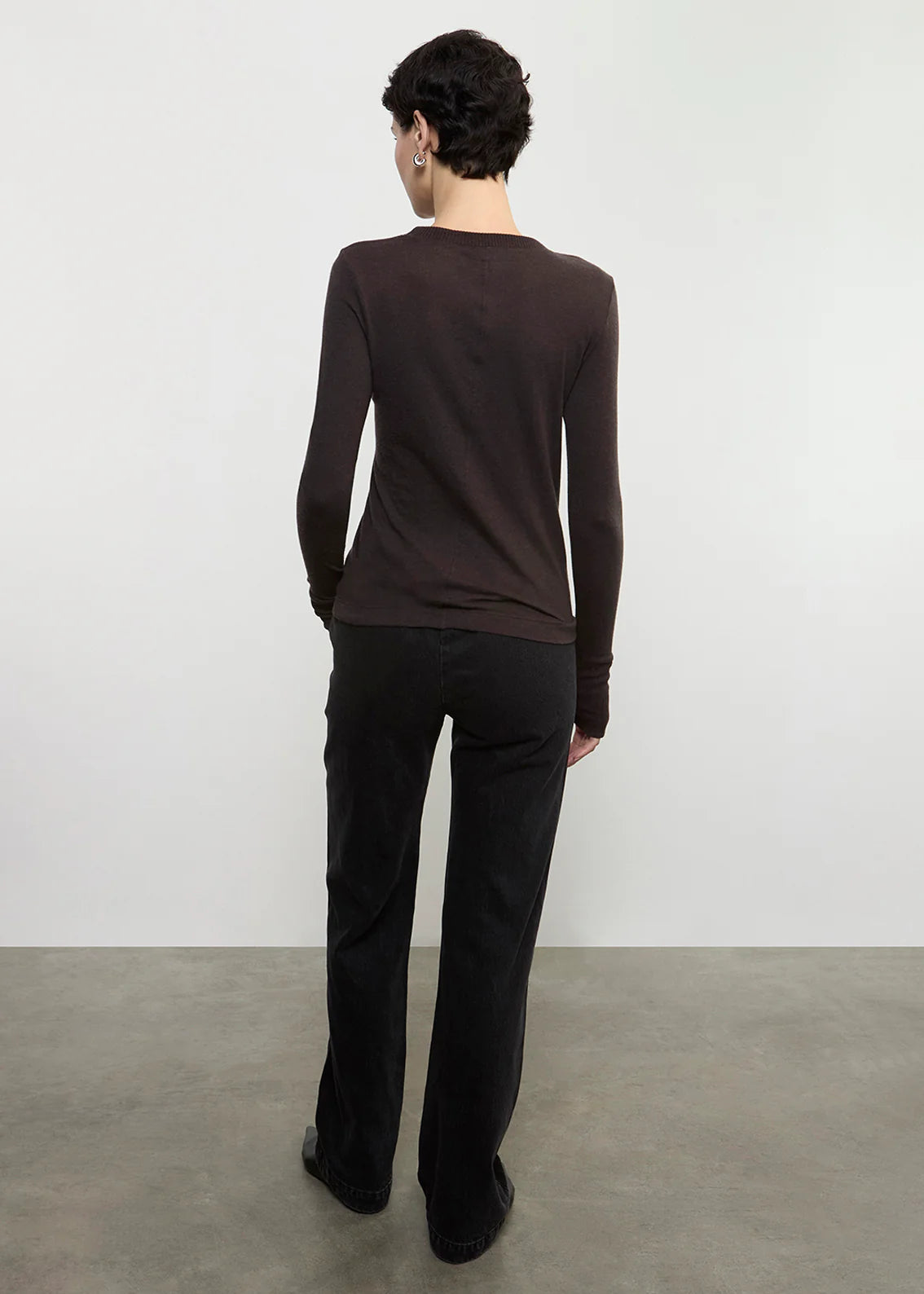 Cashmere Easy Cuffed Crew - Dark Brown by Enza Costa — view 4