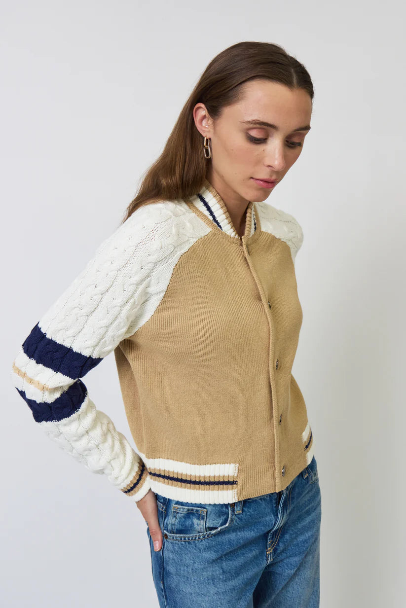 Chloe Cable Sleeve Knit Bomber - Camel Multi by Central Park West — view 4