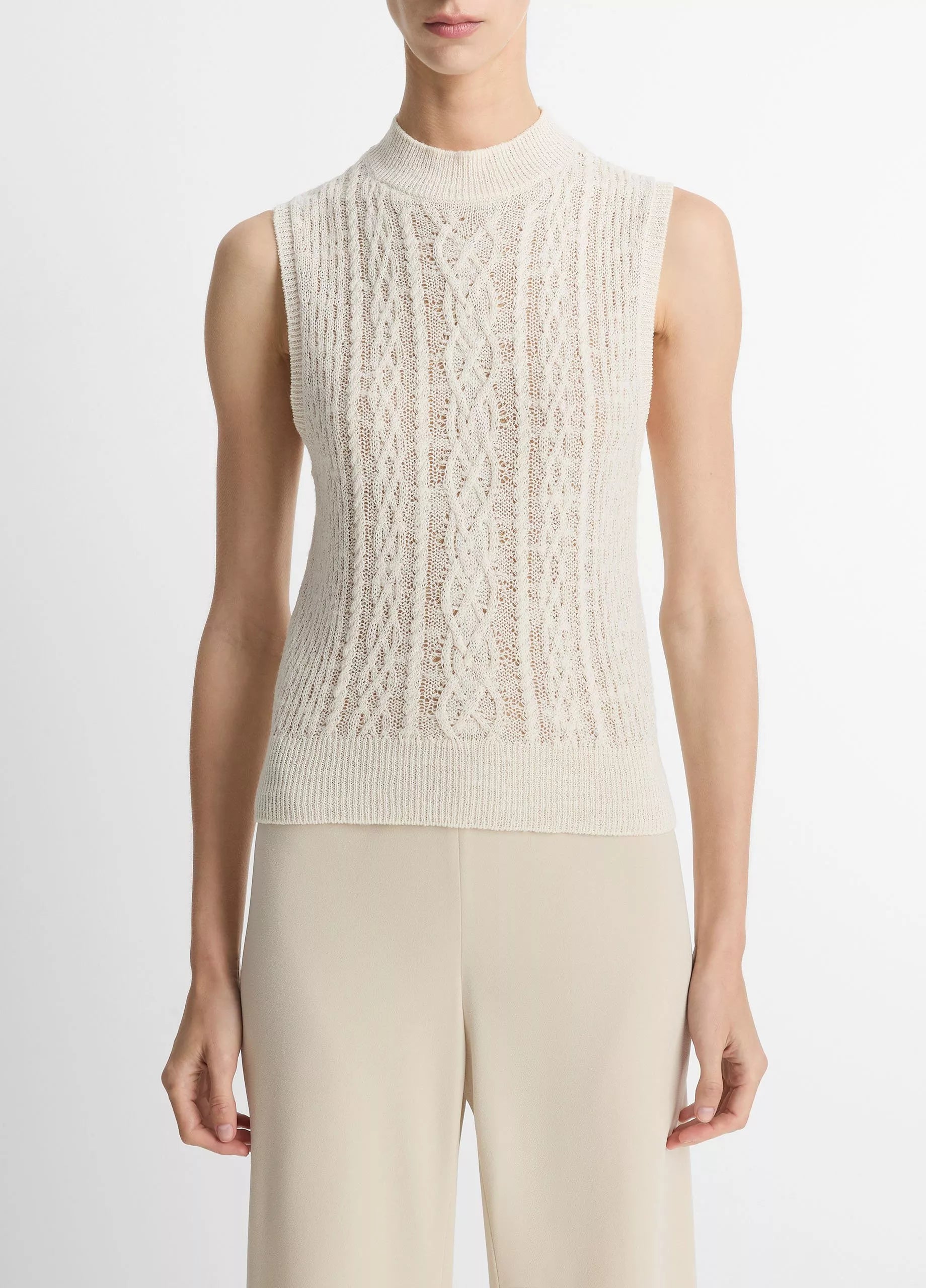 Cable Cotton-Blend Double-Layer Shell - Off White Gold Cliff by Vince | 25 South Boutiques