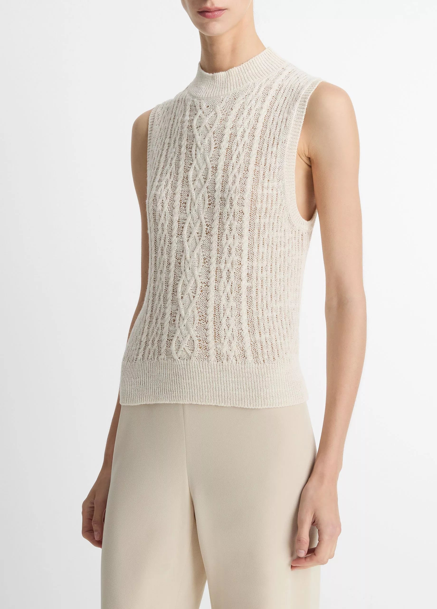 Cable Cotton-Blend Double-Layer Shell - Off White Gold Cliff by Vince — alternate view