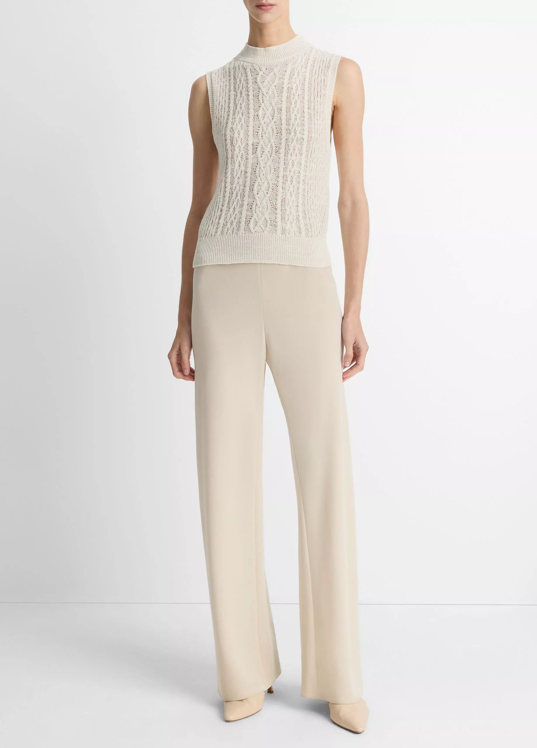 Cable Cotton-Blend Double-Layer Shell - Off White Gold Cliff by Vince — view 4