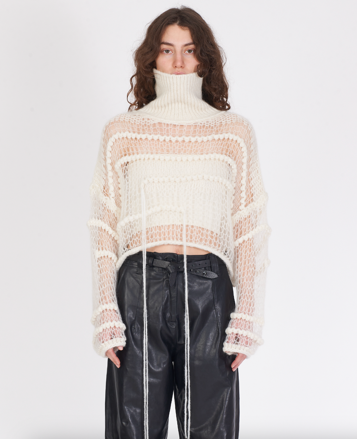 Boxy Turtleneck Mesh Sweater - White by Isabel Benenato | 25 South Boutiques