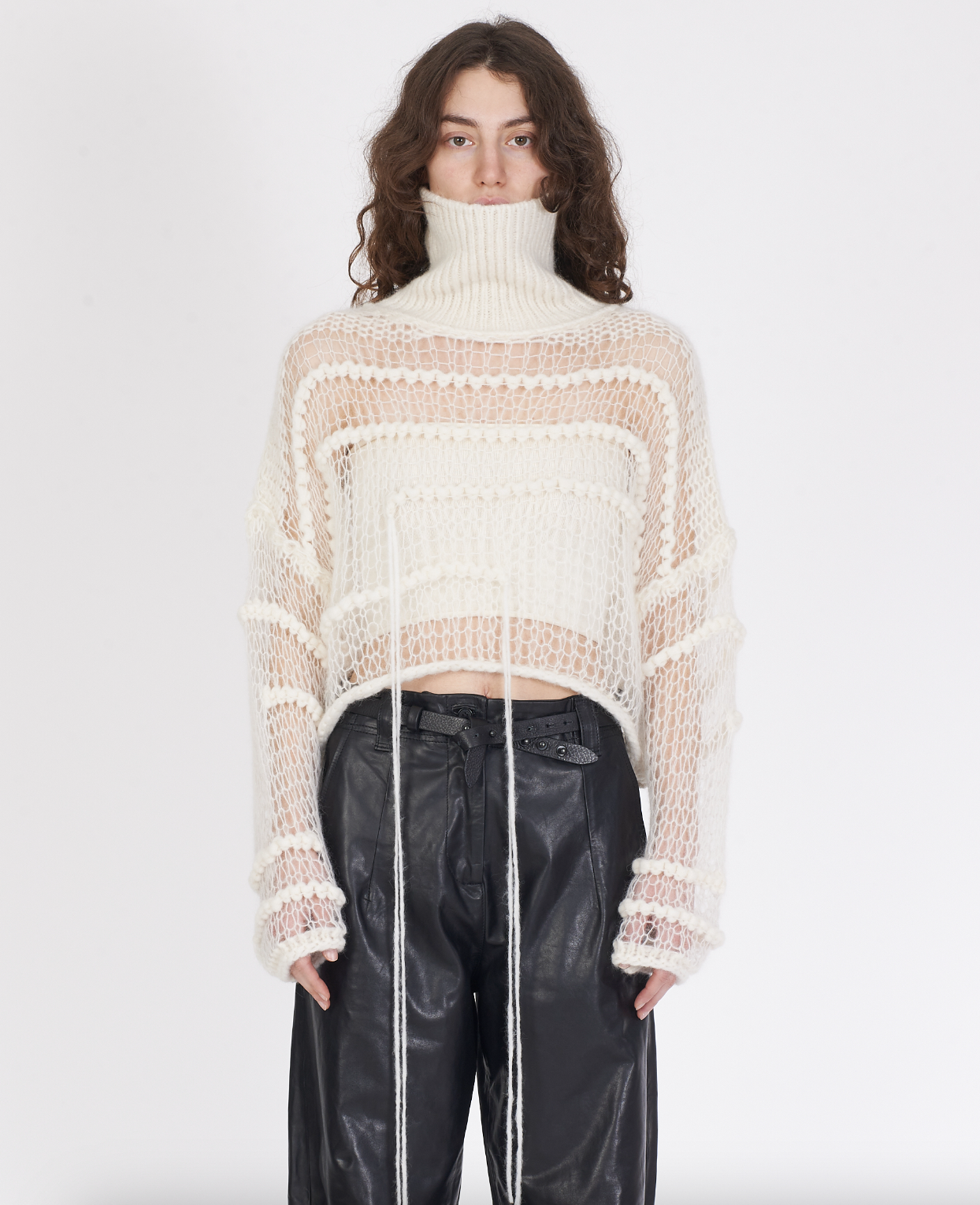 Boxy Turtleneck Mesh Sweater - White by Isabel Benenato | 25 South Boutiques