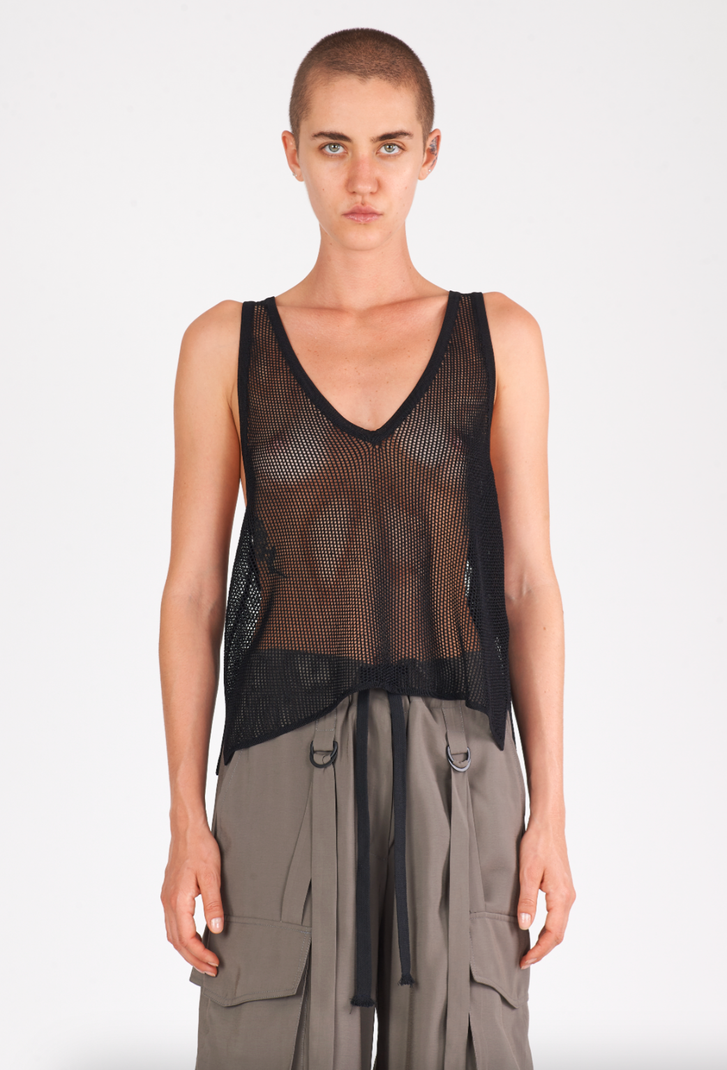 Shiny Viscose Mesh V Neck Tank - Black by Isabel Benenato | 25 South Boutiques