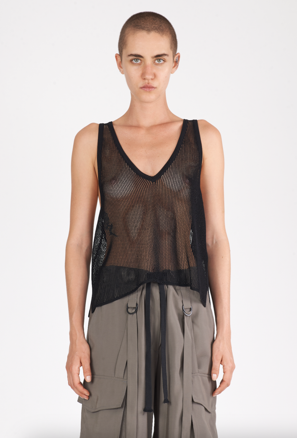 Shiny Viscose Mesh V Neck Tank - Black by Isabel Benenato | 25 South Boutiques