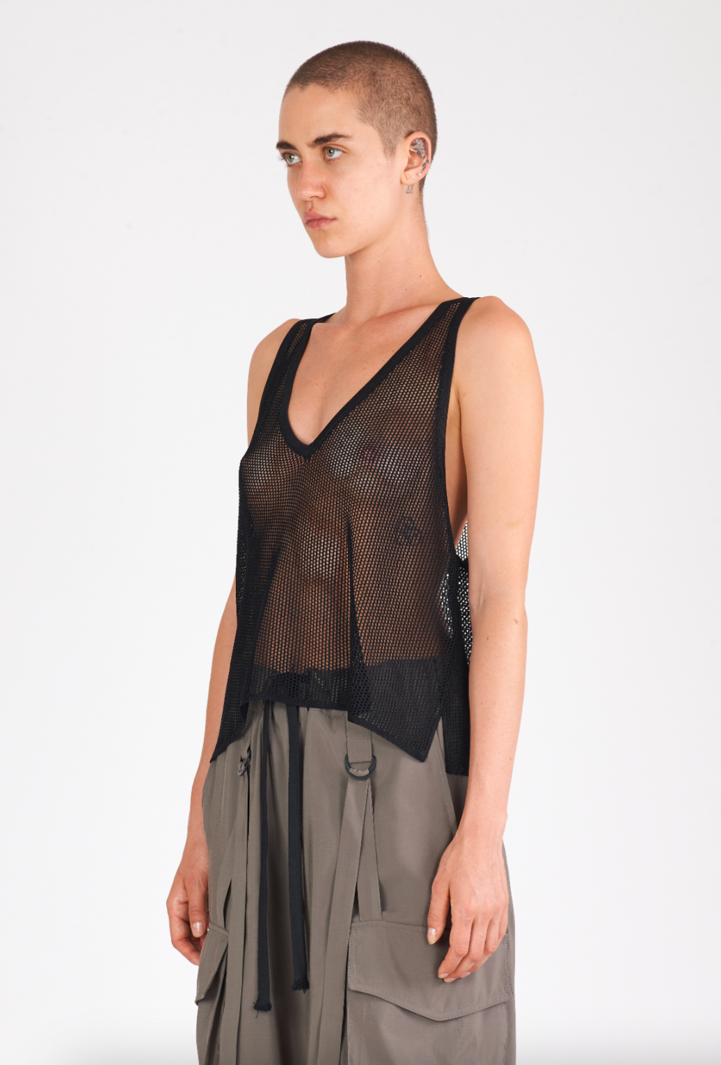 Shiny Viscose Mesh V Neck Tank - Black by Isabel Benenato — view 3