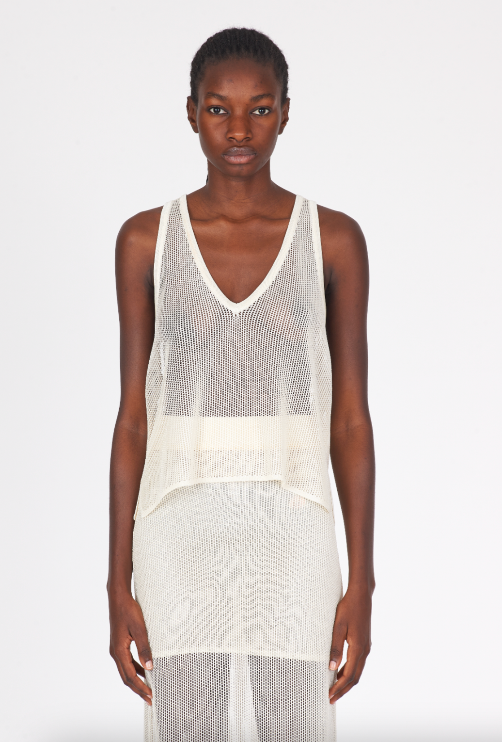 Shiny Viscose Mesh V Neck Tank - White by Isabel Benenato | 25 South Boutiques