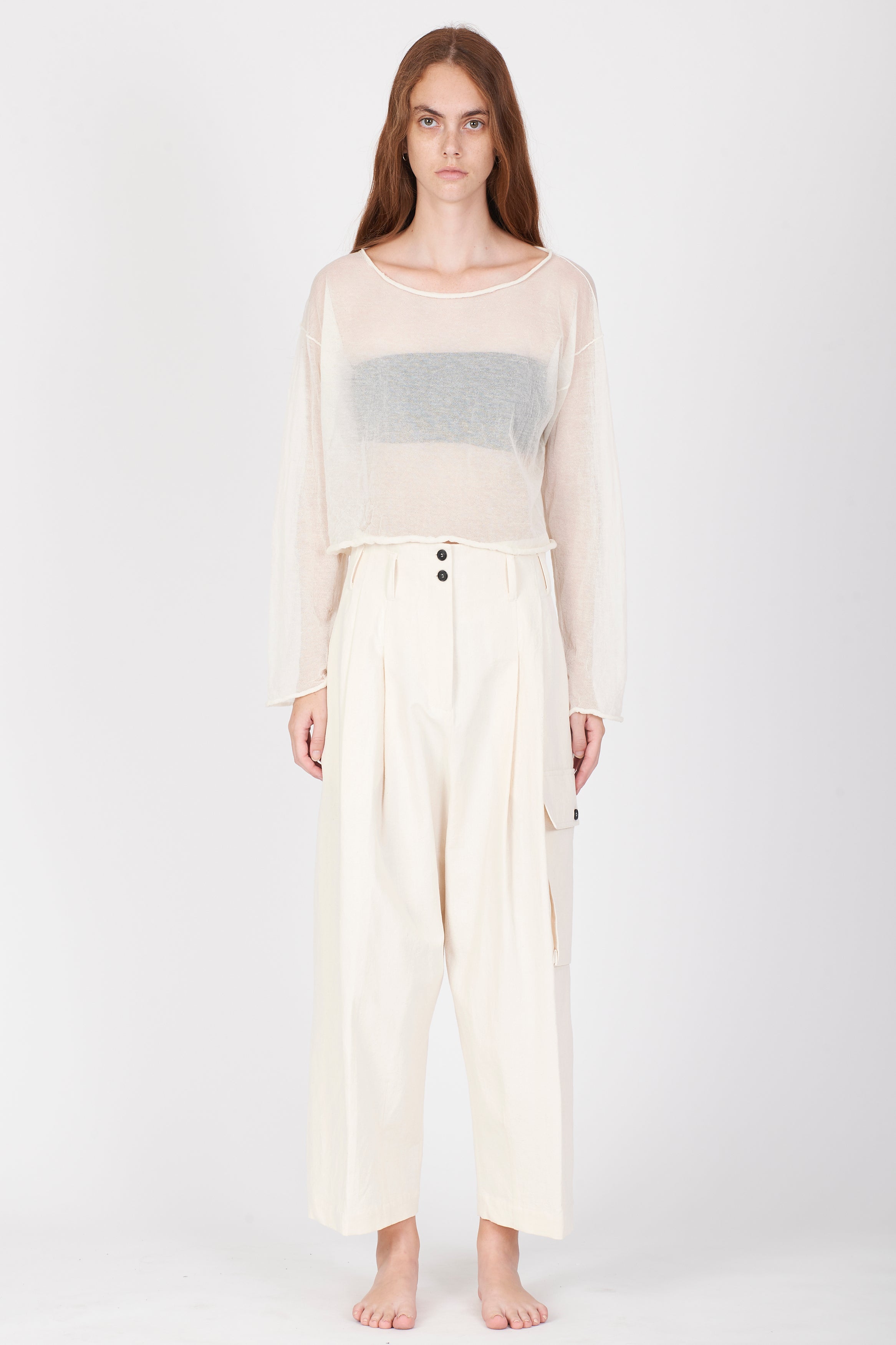 Semi-Sheer Cotton Knit Top - Cream White by Isabel Benenato — view 7