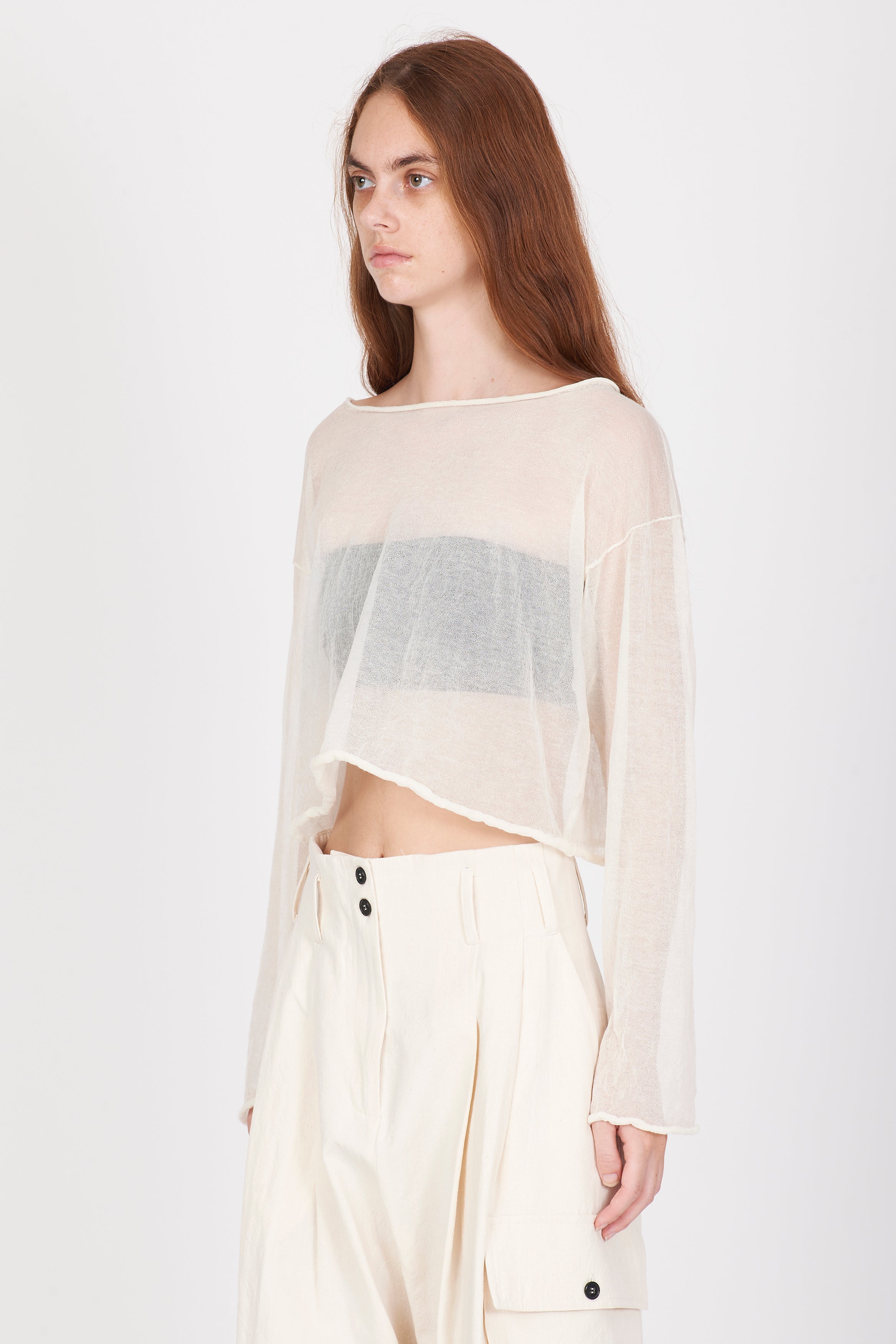 Semi-Sheer Cotton Knit Top - Cream White by Isabel Benenato — view 5