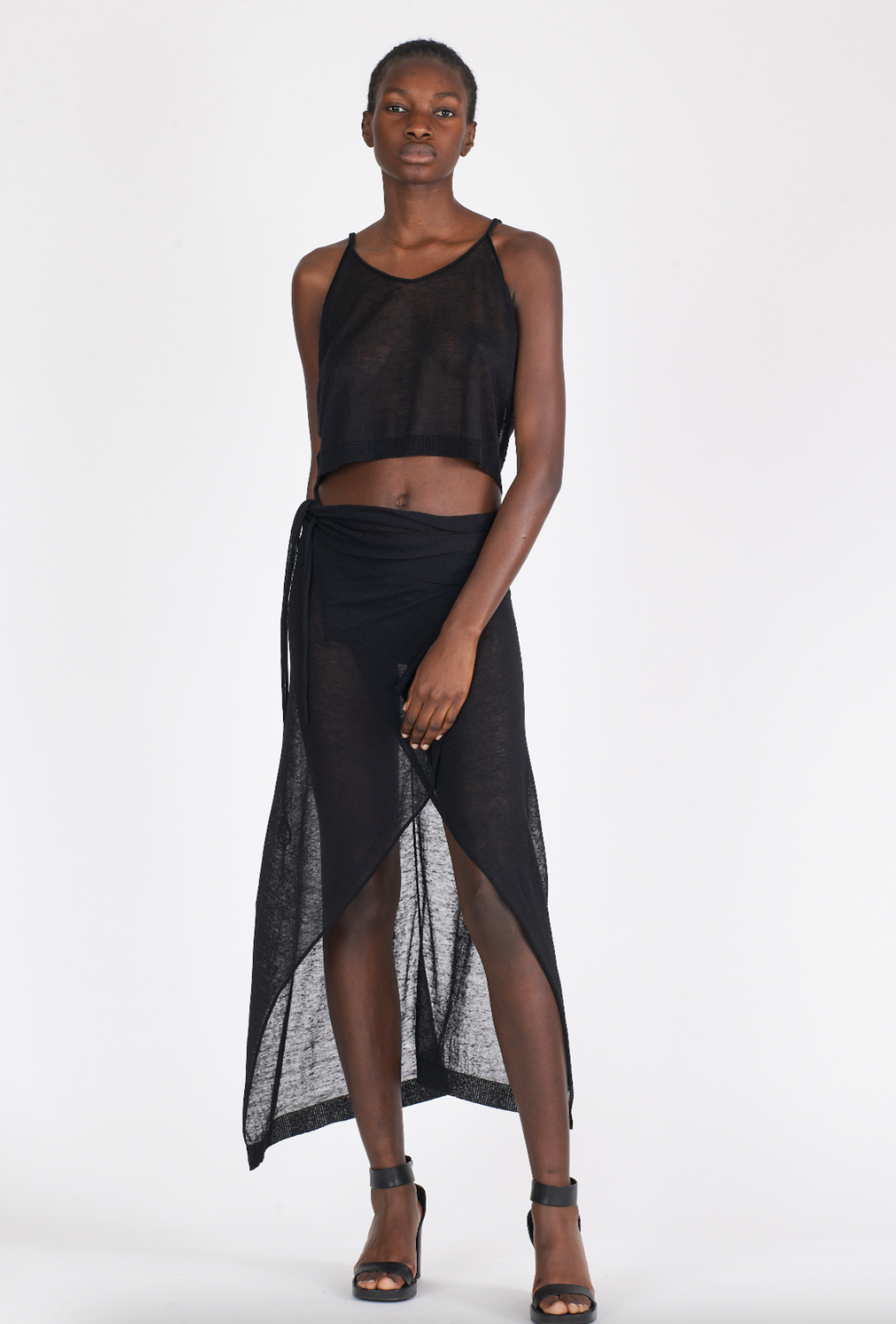 Linen Short Top Thin Straps - Black by Isabel Benenato — alternate view