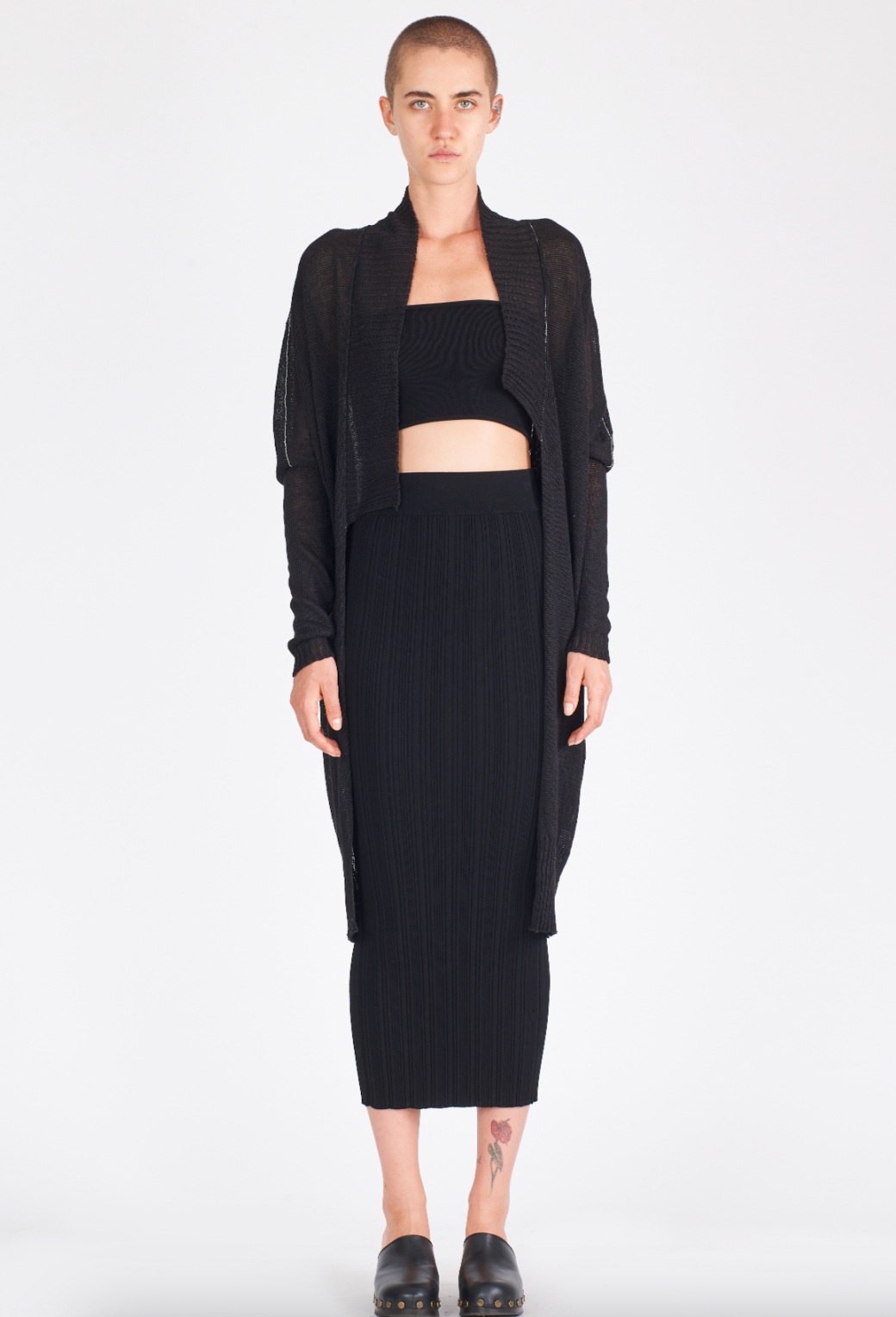 Linen Midi Contrast Stitch Cardigan - Black by Isabel Benenato — view 3