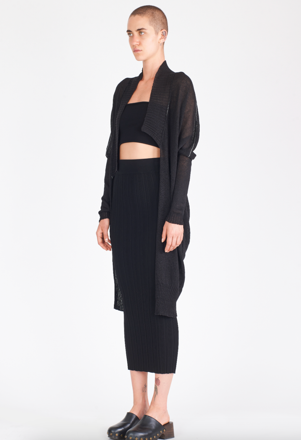 Linen Midi Contrast Stitch Cardigan - Black by Isabel Benenato — view 4