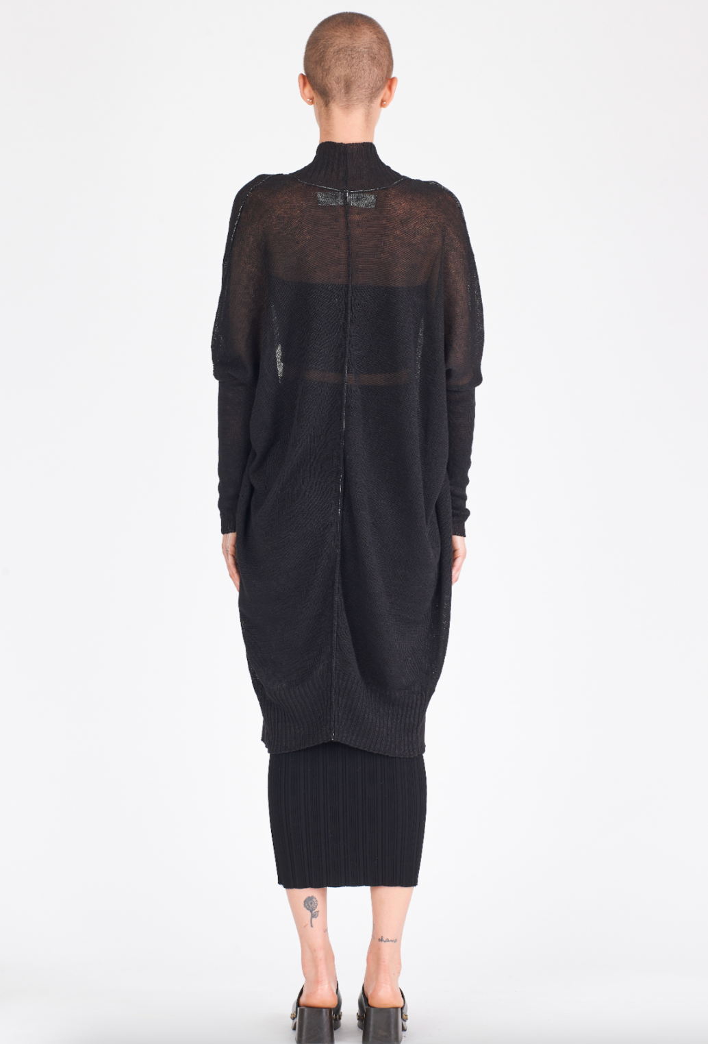 Linen Midi Contrast Stitch Cardigan - Black by Isabel Benenato — view 5